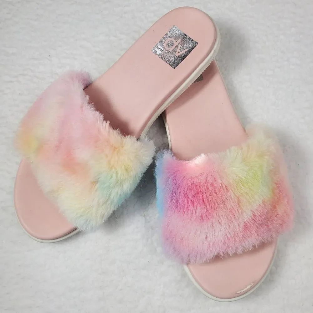 Dolce Vita “Jinah” Faux Fur Colorful Pastel Tie Dye Print Slides Size 9